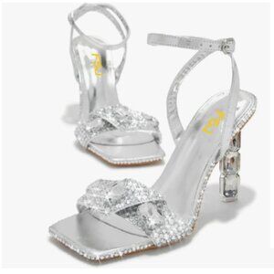FSJ Silver Colored Diamond Heel Square Open Toe Ankle Strap Sandals